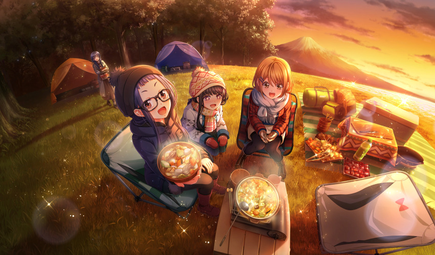 +_+ 4girls :d black-framed_eyewear black_coat black_hair black_hat black_pantyhose blue_hair boots bowl braid brown_eyes brown_hair camping camping_chair chair cinderella_series coat cooking crossover evening film_grain fisheye folding_chair from_above full_body game_cg glasses hachigatsu_no_cinderella_nine hair_down hair_ornament hairclip hat highres holding holding_bowl incoming_food knit_hat kondou_saki ladle lake lens_flare light_particles long_hair long_sleeves looking_at_food looking_at_viewer low_twin_braids mount_fuji mountain multiple_girls nabe nagai_kanako nitta_minako non-web_source official_alternate_hairstyle official_art on_grass oogaki_chiaki open_mouth orange_sky outdoors pantyhose portable_stove purple_eyes scarf single_sidelock sitting sky smile sparkle tent tree twin_braids white_scarf winter_gloves yurucamp