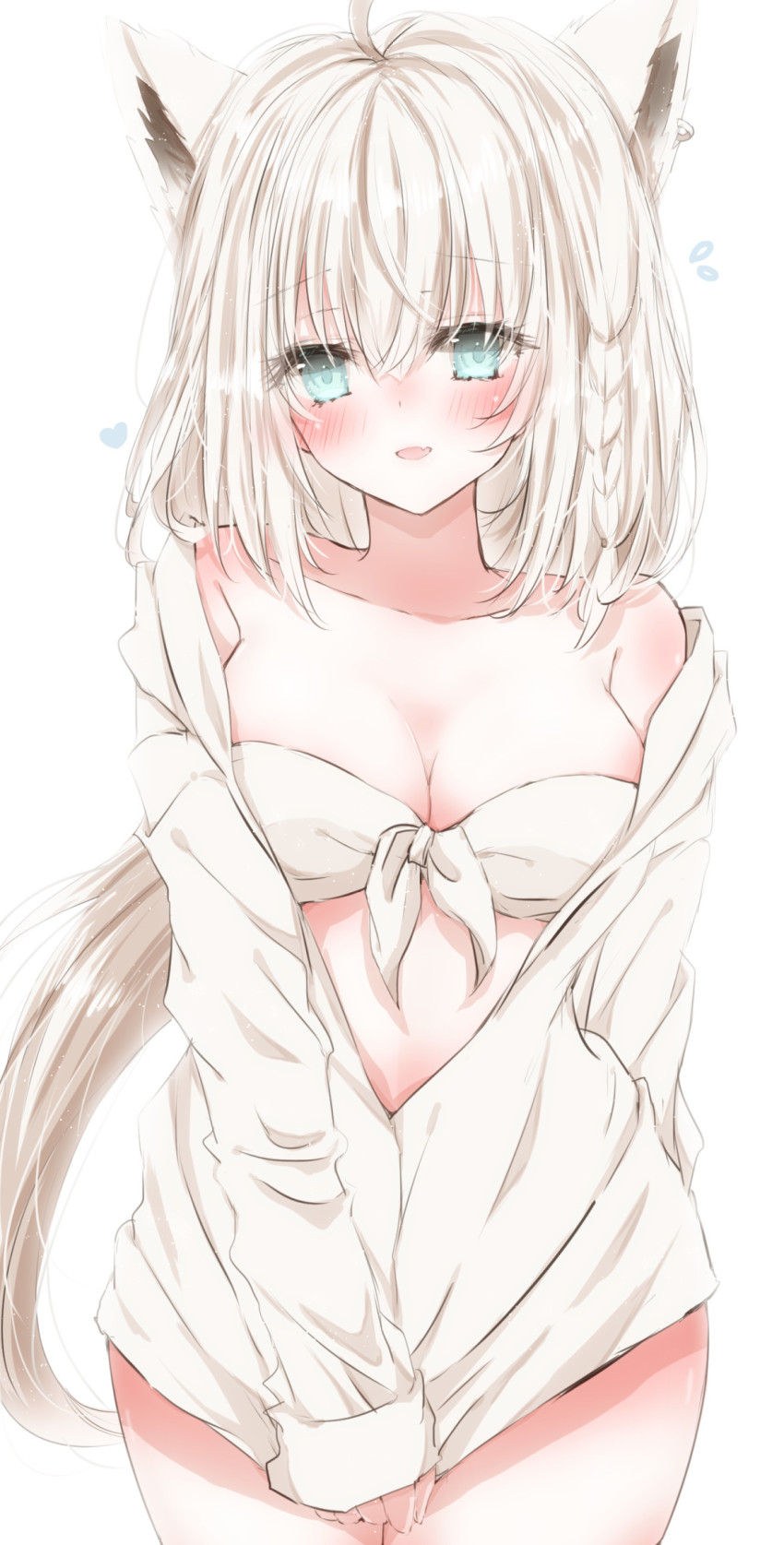 1girl ahoge animal_ear_fluff animal_ears bikini blush braid breasts cleavage collarbone commentary earrings flying_sweatdrops fox_ears fox_girl green_eyes hair_between_eyes heart highres hiro_(hirohiro31) hololive hood hoodie hoodie_pull jewelry long_hair looking_at_viewer medium_breasts open_mouth shirakami_fubuki sidelocks simple_background single_braid smile solo swimsuit virtual_youtuber white_background white_bikini white_hair white_hoodie