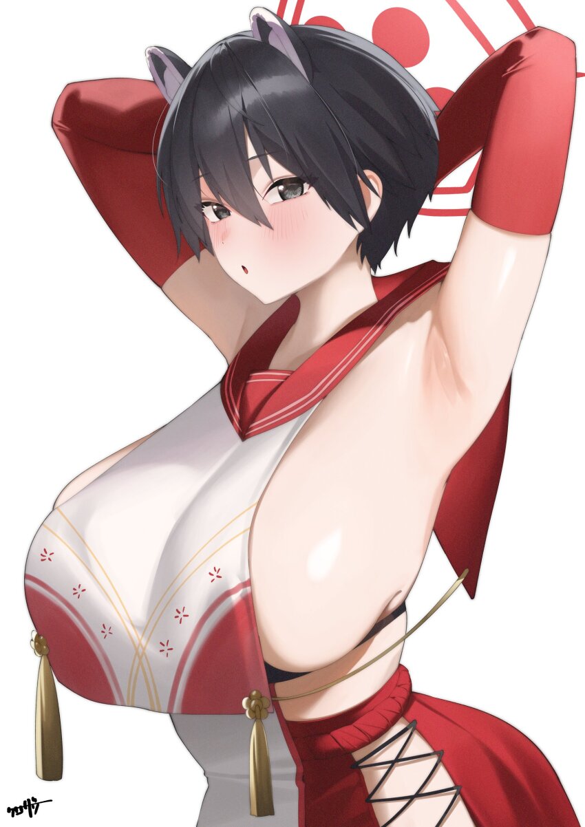 1girl absurdres animal_ears armpits arms_behind_head arms_up bare_shoulders black_eyes black_hair blue_archive blush breasts collarbone cross-laced_clothes elbow_gloves gloves halo highres kurozawa_yui large_breasts looking_at_viewer open_mouth raccoon_ears red_gloves red_sailor_collar red_skirt rope_belt sailor_collar short_hair sideboob sideless_outfit skirt solo tabard tsubaki_(blue_archive)