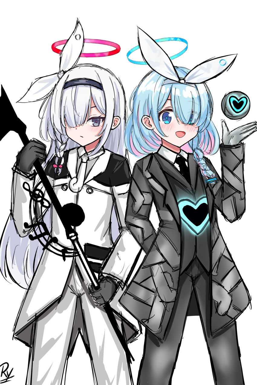 2girls :d absurdres arm_behind_back arona_(blue_archive) black_gloves black_hairband black_necktie black_pants black_vest blue_archive blue_eyes blue_hair blush braid collared_shirt commentary da_capo_(e.g.o) e.g.o_(project_moon) english_commentary gloves grey_eyes grey_gloves grey_hair grey_jacket hair_over_one_eye hair_ribbon hairband halo hand_up heart highres holding inktober jacket lobotomy_corporation long_hair long_sleeves looking_at_viewer multicolored_hair multiple_girls necktie open_clothes open_jacket open_mouth pants pink_hair plana_(blue_archive) project_moon ribbon rylaera shirt simple_background single_braid smile standing two-tone_hair very_long_hair vest white_background white_hairband white_jacket white_pants white_ribbon white_shirt