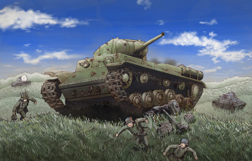 3boys bad_id bad_pixiv_id cloud day earasensha grass kv-1 male_focus military military_vehicle motor_vehicle multiple_boys original panzer_iii panzer_iii sky tank