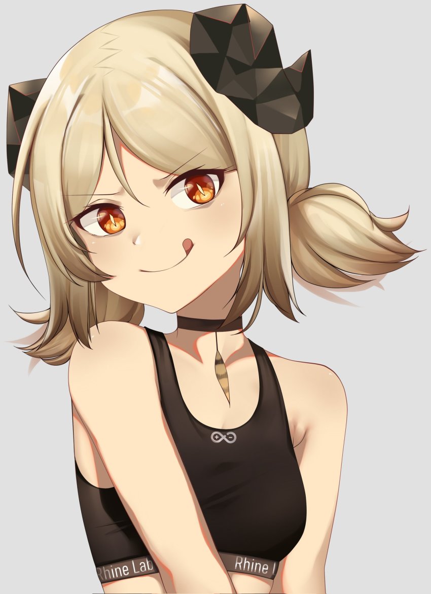 1girl :q arknights bare_shoulders black_choker blonde_hair breasts choker commentary crop_top grey_background head_tilt highres horns ifrit_(arknights) looking_at_viewer low_twintails orange_eyes rei_(riyanrei3) short_hair simple_background small_breasts smile solo sports_bra tongue tongue_out twintails upper_body