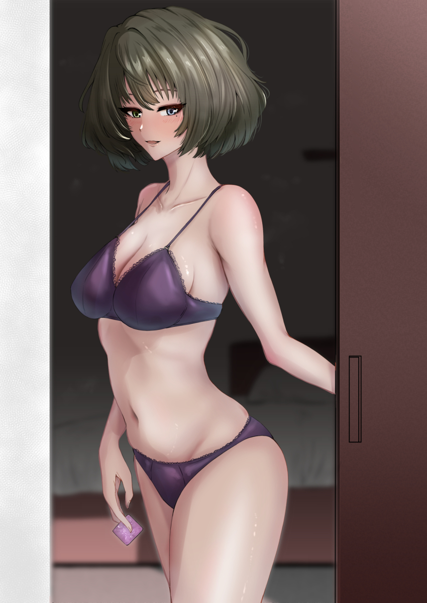 1girl blush bob_cut bra breasts cleavage collarbone condom condom_wrapper green_hair heterochromia highres holding holding_condom idolmaster idolmaster_cinderella_girls indoors looking_at_viewer medium_breasts mole mole_under_eye navel panties purple_bra purple_panties short_hair smile solo stomach takagaki_kaede underwear underwear_only yamasa