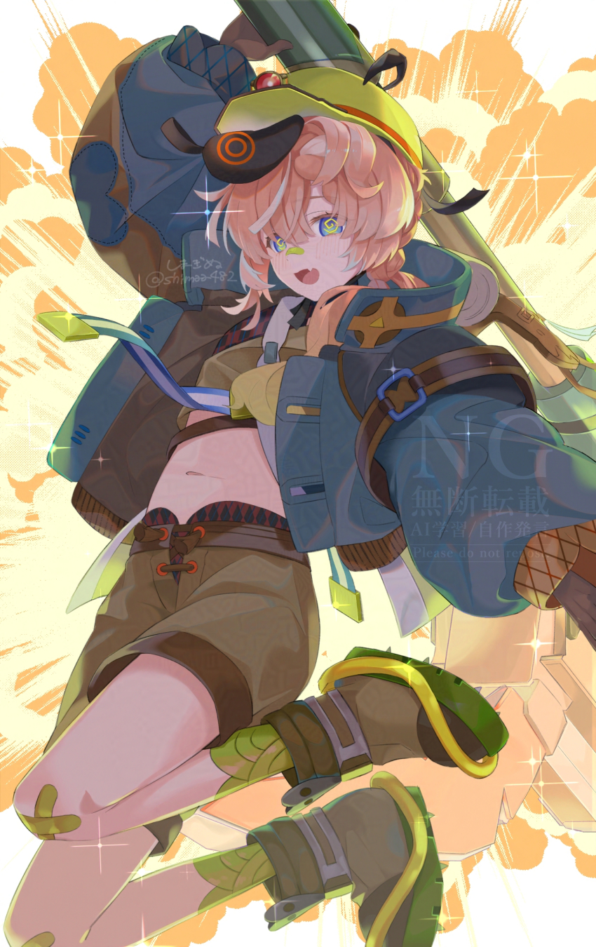 1girl bandaid bandaid_on_face bandaid_on_knee bandaid_on_leg bandaid_on_nose belly blue_eyes blue_jacket brown_gloves brown_shorts fang fate/grand_order fate_(series) gloves highres holding holding_pickaxe jacket long_hair long_sleeves mining_helmet navel orange_hair pickaxe shimaa482 shorts skin_fang solo van_gogh_(fate) van_gogh_(miner)_(fate)