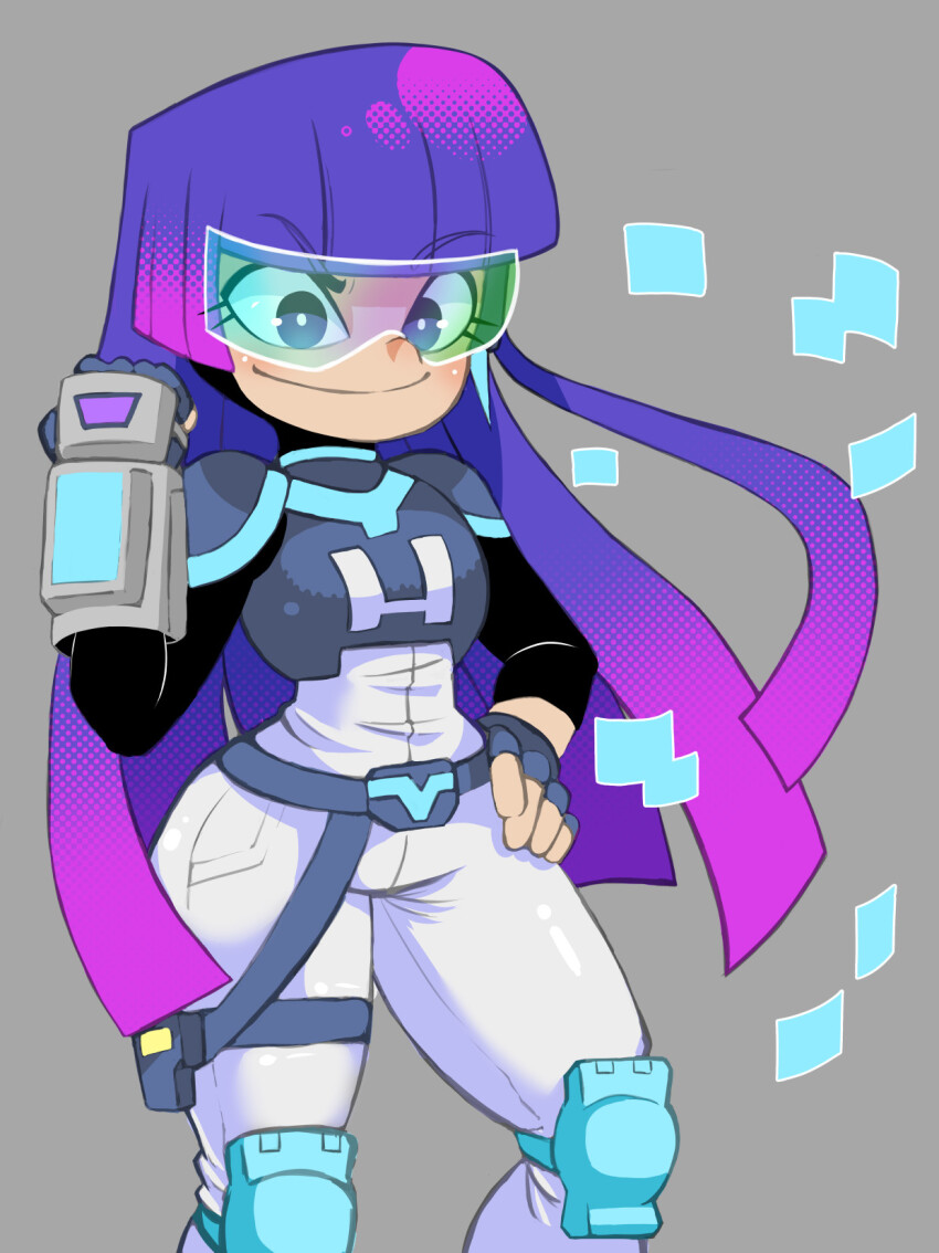 1girl belt blue_gloves blush bodysuit eyelashes fingerless_gloves glitch_techs gloves grey_background hand_on_own_hip highres holster knee_pads long_hair miko_kubota purple_hair smile solo soxy thigh_holster tinted_eyewear very_long_hair