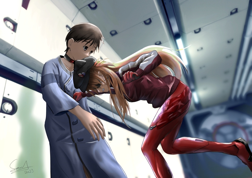 1boy 1girl akiranogo2000 blue_eyes blurry bodysuit brown_hair choker clenched_teeth collarbone dated depth_of_field dutch_angle evangelion:_3.0_you_can_(not)_redo eyepatch hallway hat highres ikari_shinji long_hair mecha_pilot_suit neon_genesis_evangelion plugsuit punching rebuild_of_evangelion red_bodysuit signature souryuu_asuka_langley teeth