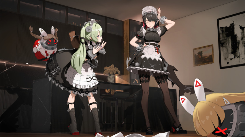 2girls absurdres apron bangboo_(zenless_zone_zero) black_dress black_hair breasts colored_inner_hair corin_wickes dress ellen_joe fins fish_tail green_hair highres long_hair looking_at_viewer maid maid_headdress mole multicolored_hair multiple_girls nail_polish pantyhose puffy_short_sleeves puffy_sleeves purple_eyes red_hair scar scar_on_tail shark_tail short_hair short_sleeves simsimhea solo tail twintails zenless_zone_zero