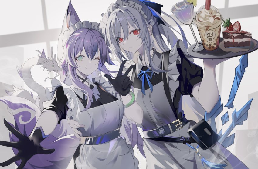 2girls ;p animal_ears baiheng_(honkai:_star_rail) belt black_gloves bow bowtie breasts cake collared_shirt food fox_ears fox_tail gloves green_eyes grey_hair hair_between_eyes highres honkai:_star_rail honkai_(series) jingliu_(honkai:_star_rail) long_hair looking_at_viewer maid maid_headdress medium_breasts multiple_girls neck_ribbon one_eye_closed purple_hair red_eyes ribbon shirt sstarryart tail tongue tongue_out