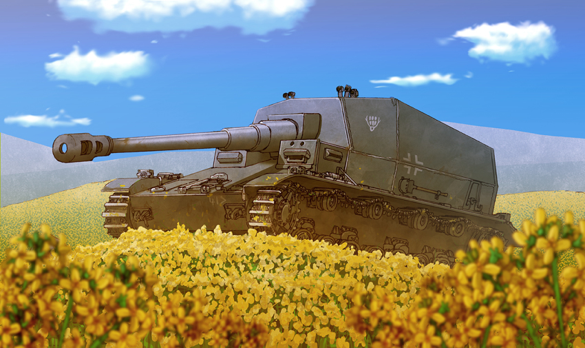 balkenkreuz cloud cross day earasensha field flower flower_field iron_cross military military_uniform military_vehicle motor_vehicle no_humans original self-propelled_artillery self-propelled_gun sky tank vehicle_focus