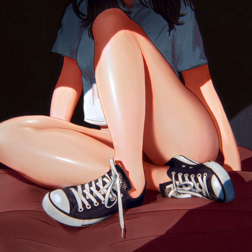 1girl bottomless commentary converse english_commentary head_out_of_frame highres original shirt shoes sneakers solo thighs versecon white_shirt