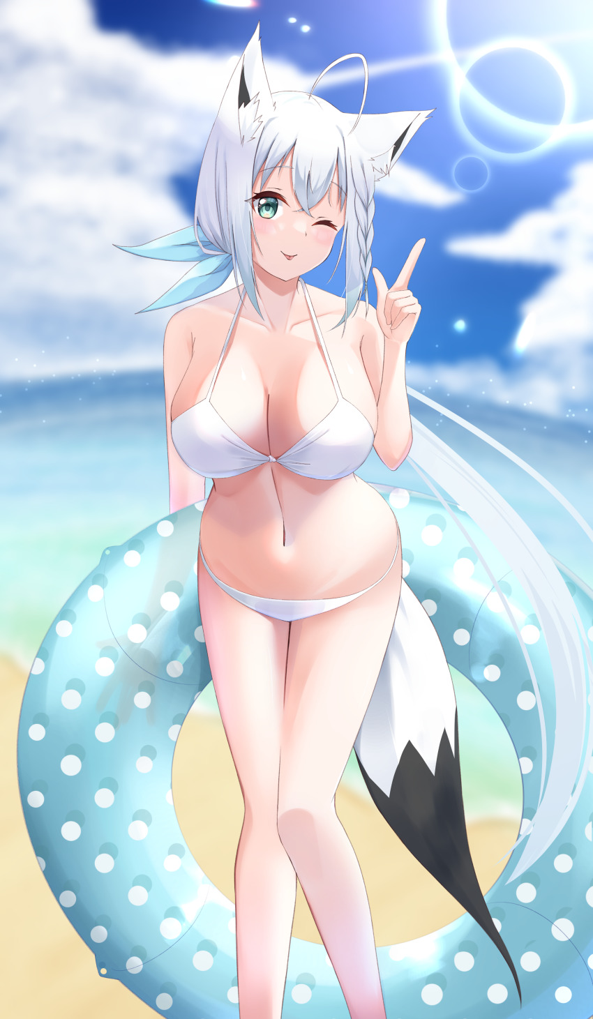 1girl absurdres ahoge animal_ear_fluff animal_ears beach bikini blue_bow blurry blurry_background blush bow braid breasts cleavage cloud cloudy_sky collarbone commentary_request day fox_ears fox_girl fox_tail green_eyes hair_between_eyes hair_bow highres holding holding_swim_ring hololive index_finger_raised innertube large_breasts long_hair looking_at_viewer miki_miki ocean one_eye_closed outdoors shirakami_fubuki sidelocks single_braid sky solo swim_ring swimsuit tail tongue tongue_out virtual_youtuber white_bikini white_hair