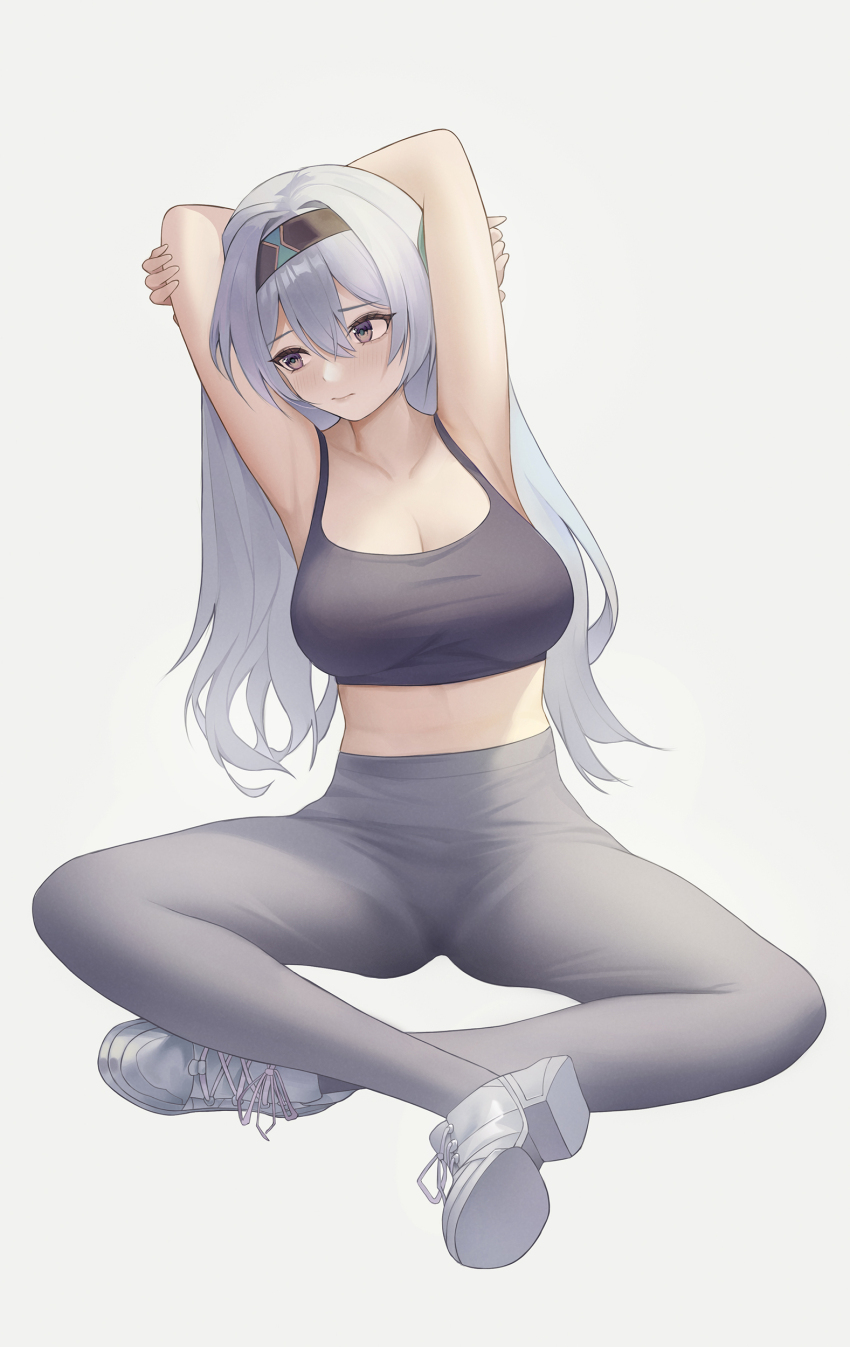 1girl absurdres armpits arms_behind_head arms_up black_hairband breasts c.u.b.e cleavage crop_top firefly_(honkai:_star_rail) grey_background grey_eyes grey_footwear grey_hair grey_leggings hairband highres honkai:_star_rail honkai_(series) indian_style large_breasts leggings long_hair looking_to_the_side midriff pants shoes simple_background sitting sneakers solo sports_bra very_long_hair