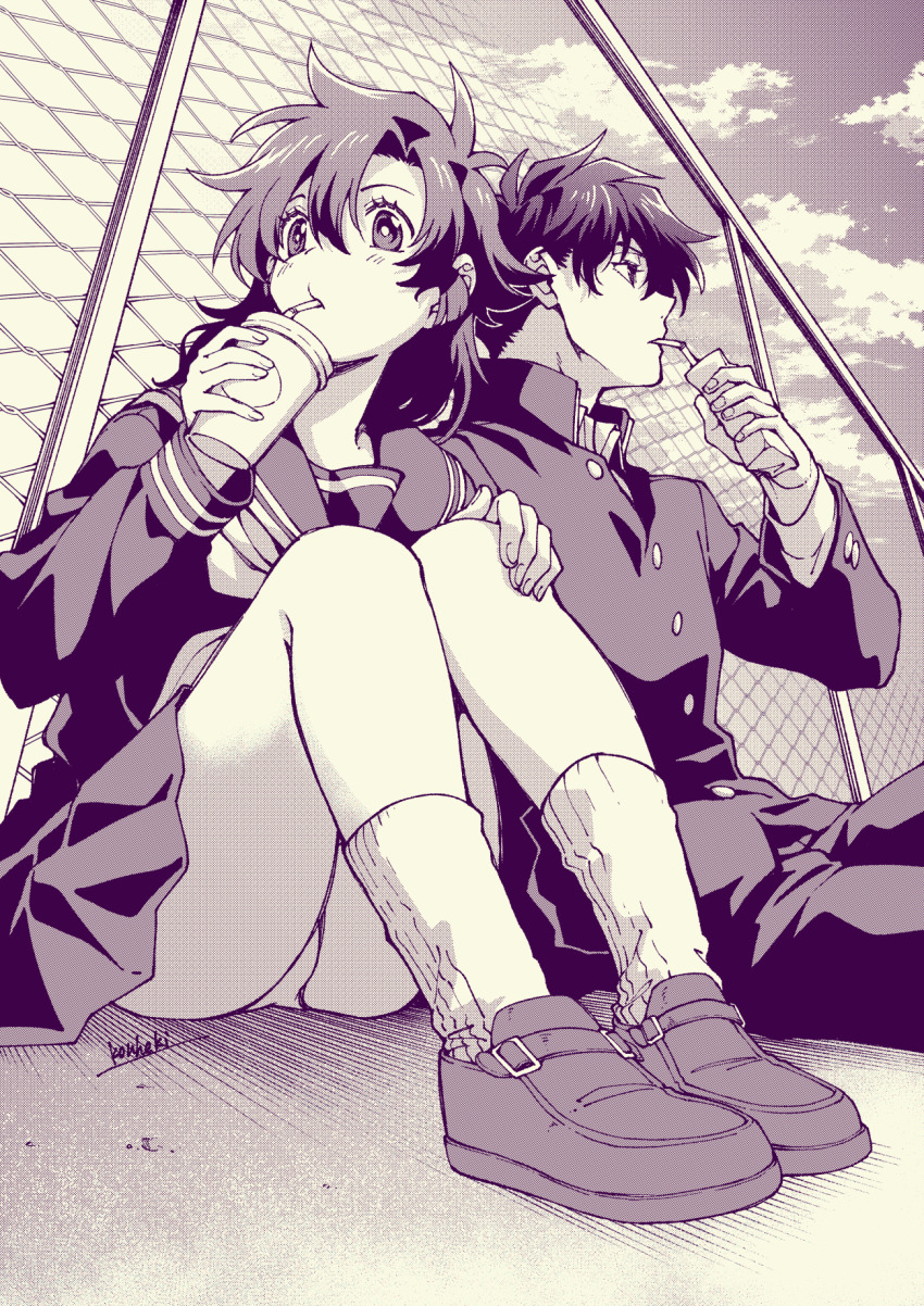 1boy 1girl artist_name borokouhek chain-link_fence commentary_request cup disposable_cup drinking_straw drinking_straw_in_mouth fence from_below greyscale halftone hand_on_own_knee highres holding holding_cup holding_juice_box juice_box knees_to_chest kuroba_kaito looking_to_the_side magic_kaito medium_hair monochrome nakamori_aoko panties school_uniform short_hair side_part sitting skirt socks underwear