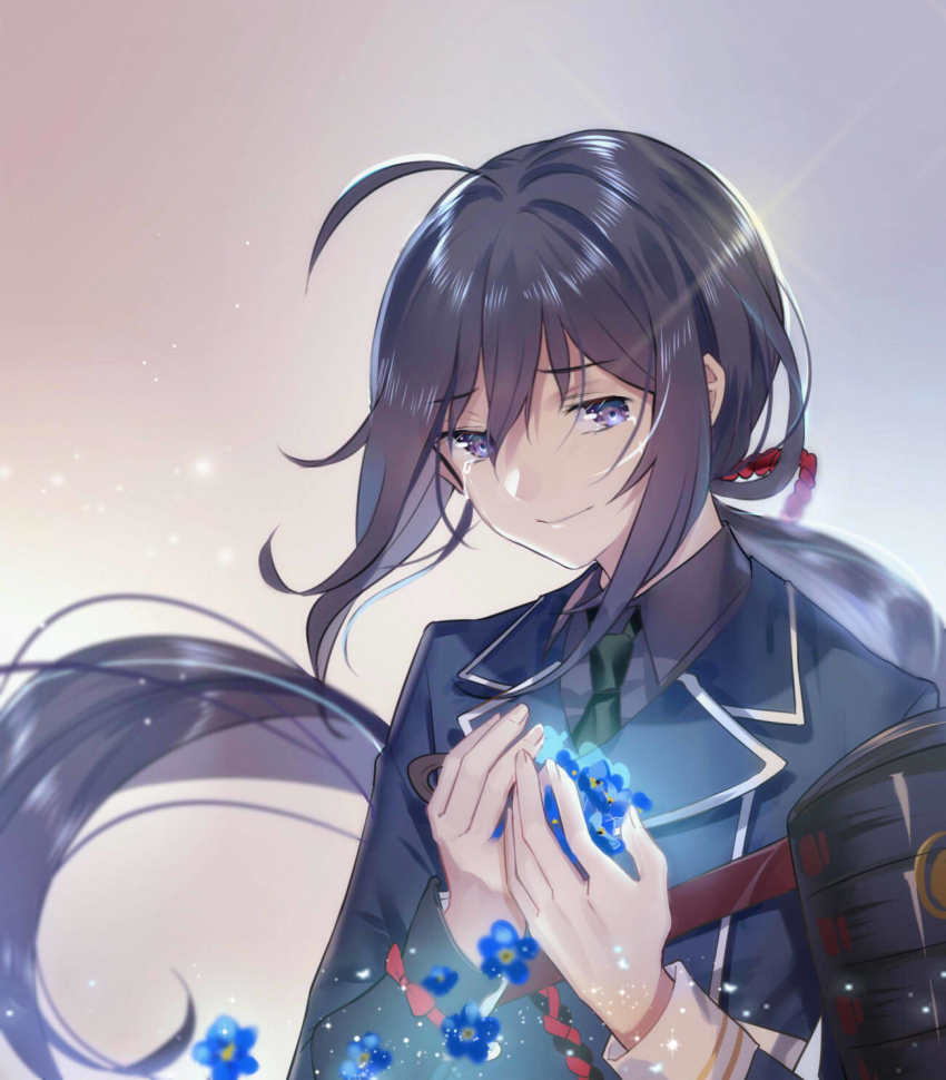 10s 1boy ahoge armor black_hair flower highres japanese_armor male_focus military military_uniform namazuo_toushirou necktie ponytail purple_eyes qingshui_ai shoulder_armor smile sode solo tears touken_ranbu