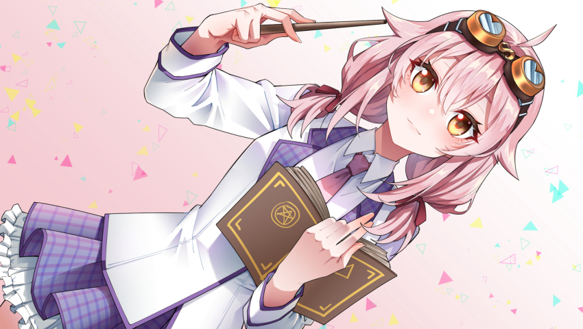 1girl ace_taffy ahoge blazer blush book chubb closed_mouth collared_shirt dutch_angle frills goggles goggles_on_head hair_between_eyes hair_ribbon highres holding holding_book holding_wand indie_virtual_youtuber jacket looking_at_viewer low_twintails medium_hair necktie open_book pink_hair pink_necktie plaid_clothes plaid_skirt purple_skirt red_ribbon ribbon shirt skirt solo twintails virtual_youtuber wand white_jacket white_shirt yellow_eyes