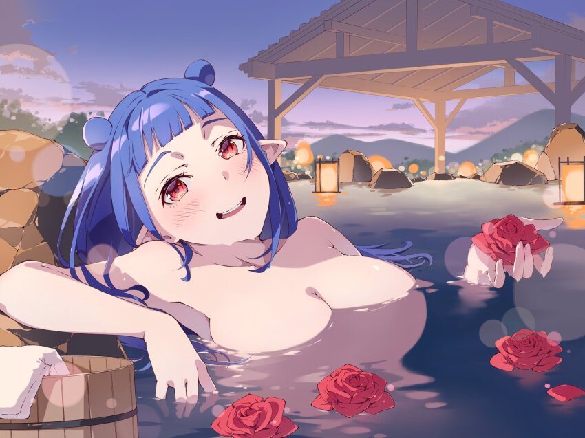 blue_hair blush breasts dizzy_dokuro flower happy highres lantern large_breasts nude outdoor_bath paper_lantern petals phase_connect pointy_ears red_eyes rose rose_petals virtual_youtuber