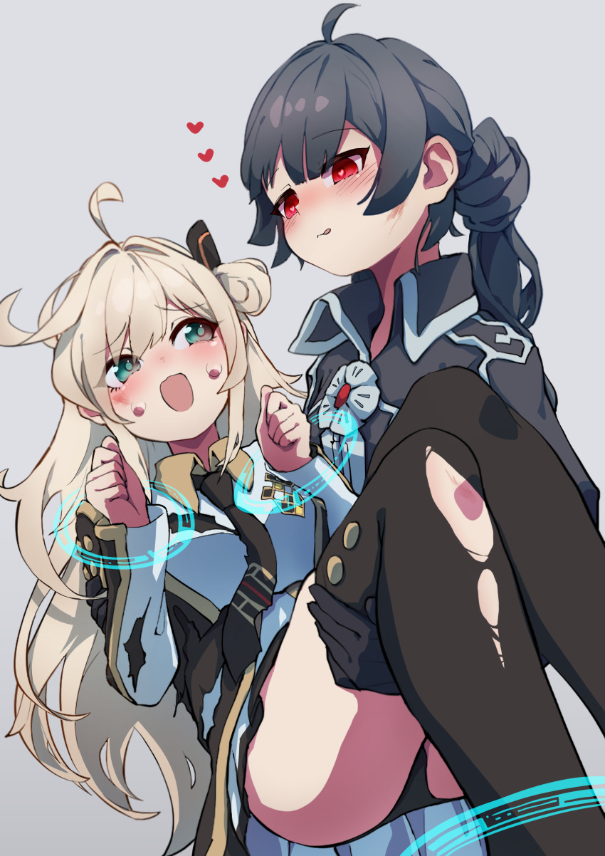 2girls absurdres black_necktie blonde_hair blush breasts c_civciv carrying collared_dress dress duel_monster gloves green_eyes grey_hair highres long_hair long_sleeves multiple_girls necktie open_mouth princess_carry red_eyes sky_striker_ace_-_raye sky_striker_ace_-_roze thighhighs two-tone_dress yu-gi-oh!