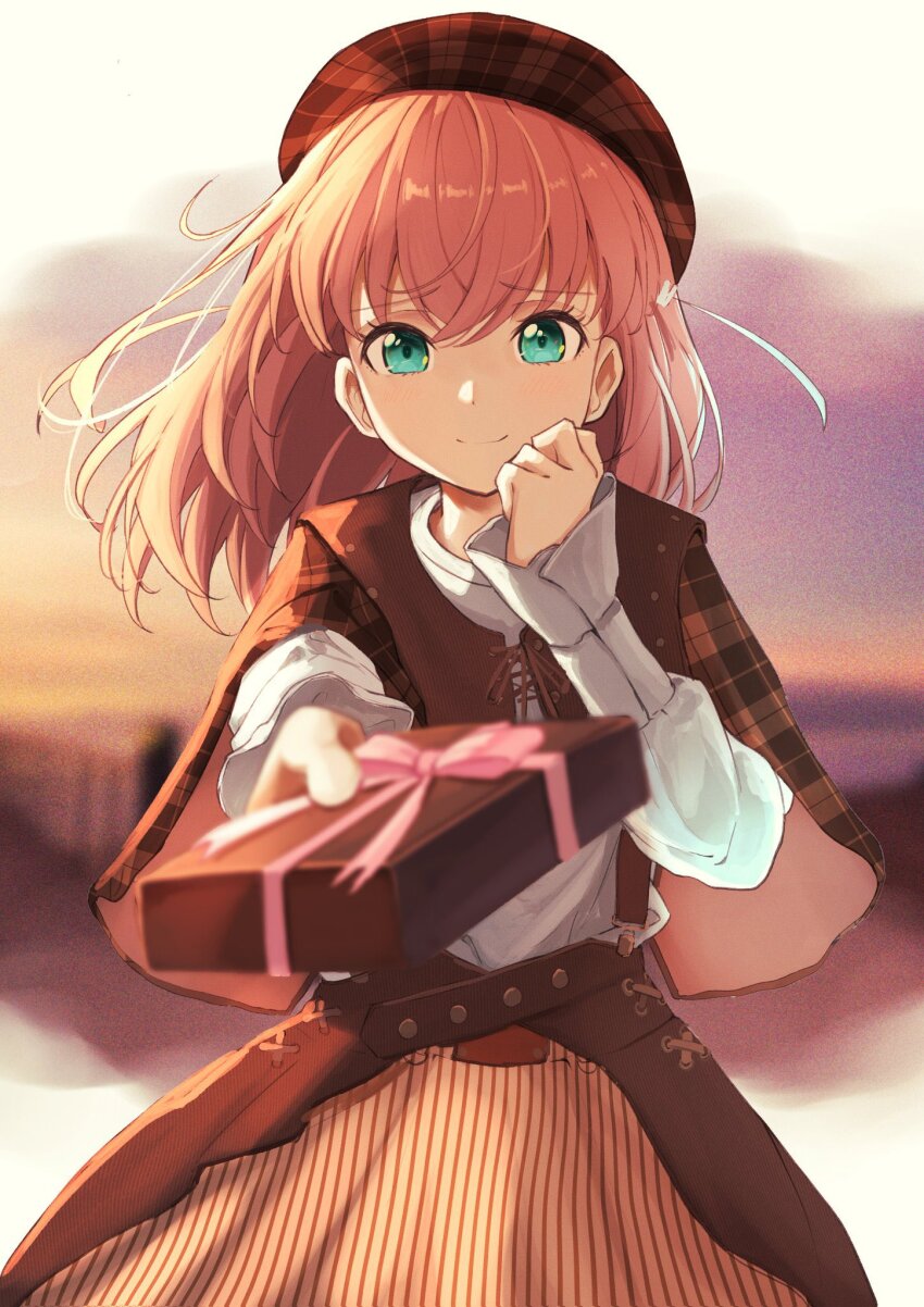 1girl alternate_costume aqua_eyes beret blurry blurry_background blurry_foreground blush brown_capelet brown_hat brown_skirt brown_vest capelet closed_mouth commentary cowboy_shot cross-laced_vest crossed_bangs foreshortening gift hair_ornament hat highres hinoshita_kaho holding holding_gift incoming_gift link!_like!_love_live! long_sleeves looking_at_viewer love_live! marishiten_(mar1sh110) medium_hair orange_hair outdoors outside_border pinstripe_pattern pinstripe_skirt plaid_capelet plaid_clothes plaid_hat rabbit_hair_ornament shirt skirt smile solo two_side_up valentine vest virtual_youtuber white_shirt