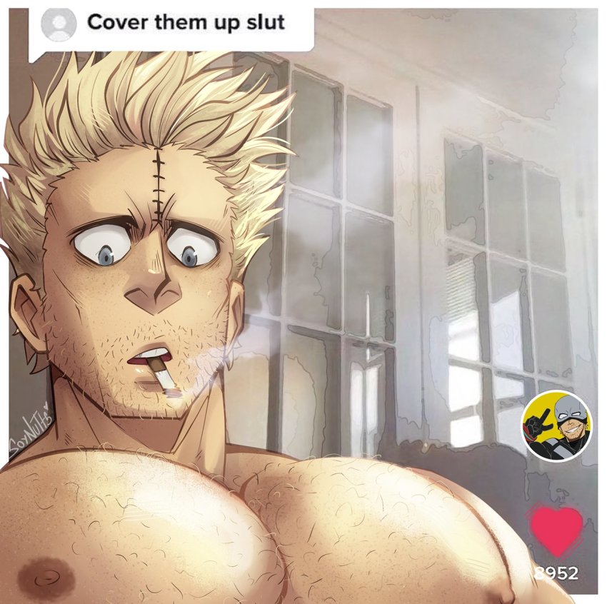 1boy artist_name bare_pectorals blonde_hair boku_no_hero_academia bubaigawara_jin cigarette facial_hair grey_hair heart highres livestream male_focus manly meme muscular muscular_male nipples pectorals scar smoke smoking solo soynutts stubble text_focus topless_male