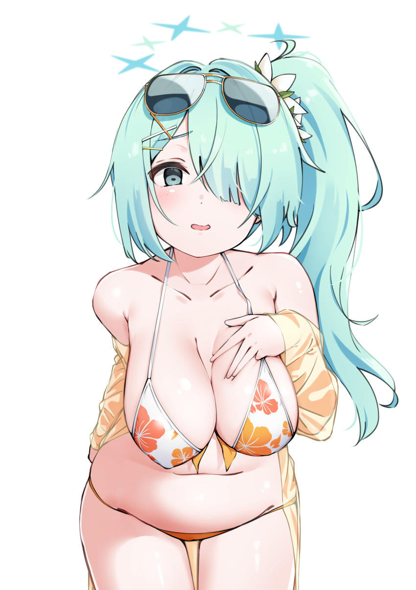 1girl absurdres aqua_hair bikini blue_archive blue_eyes blue_halo breasts commentary_request eyewear_on_head floral_print floral_print_bikini flower hair_flower hair_ornament hair_over_one_eye halo highres hiyori_(blue_archive) hiyori_(swimsuit)_(blue_archive) komasi large_breasts long_hair looking_at_viewer multicolored_bikini multicolored_clothes official_alternate_costume orange_bikini print_bikini side_ponytail simple_background solo sunglasses swimsuit two-tone_bikini white_background white_bikini white_flower yellow-framed_eyewear