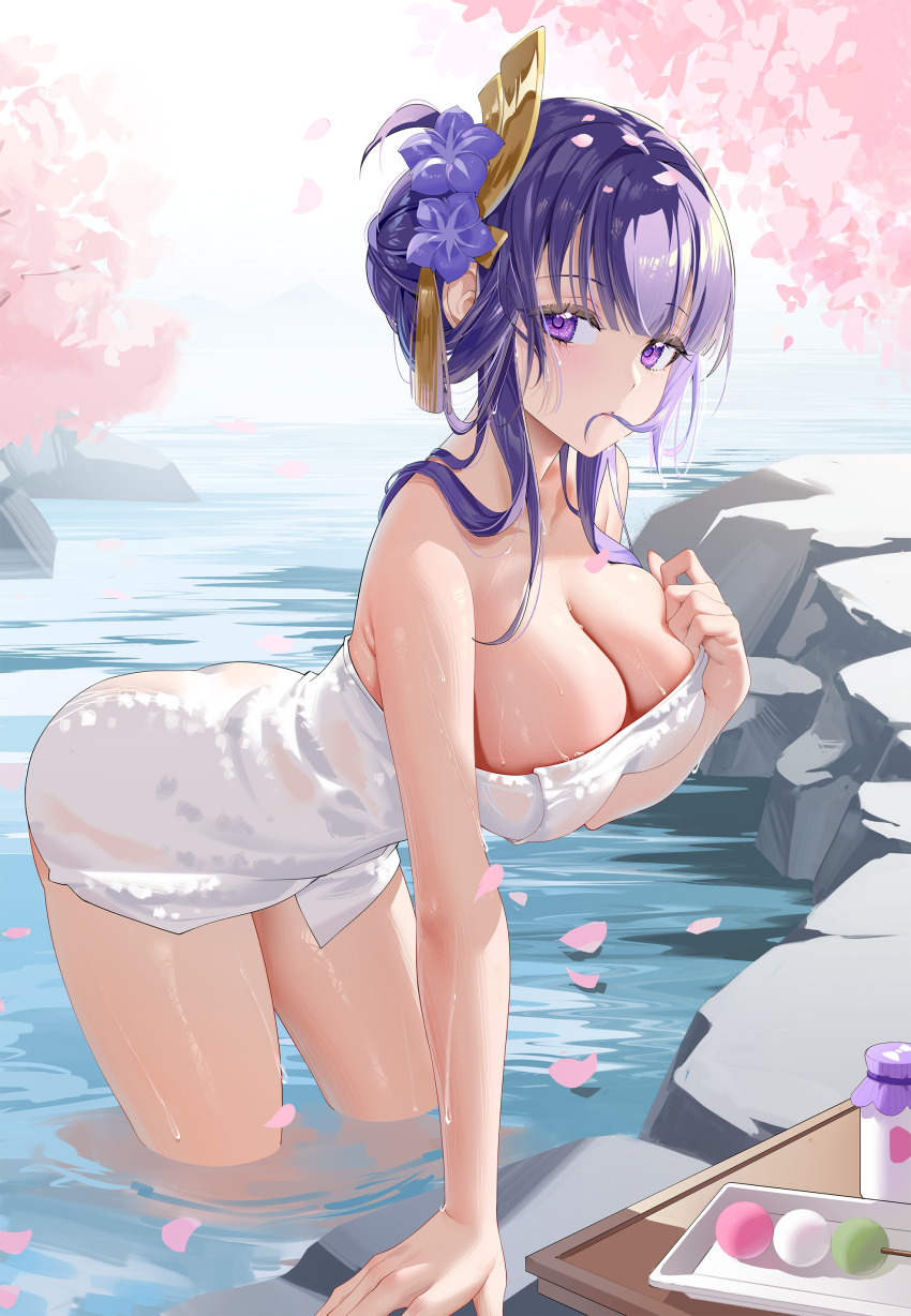 1girl absurdres breasts commentary_request dango flower food genshin_impact hair_flower hair_ornament highres kururu_(qqqqq59508750) large_breasts leaning_forward looking_at_viewer naked_towel onsen outdoors partial_commentary purple_eyes purple_flower raiden_shogun revision sanshoku_dango solo towel wading wagashi water wet