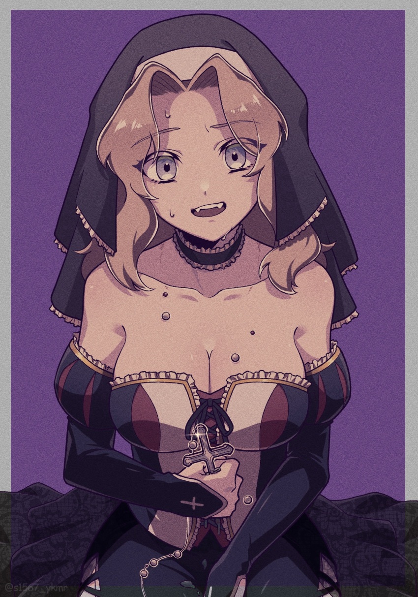 1girl bare_shoulders blonde_hair blue_eyes breasts choker cleavage collarbone cosplay cross fangs frilled_choker frills girls_und_panzer highres kay_(girls_und_panzer) large_breasts long_hair looking_at_viewer nun open_mouth purple_background s1567_ykmr simple_background smile vampire