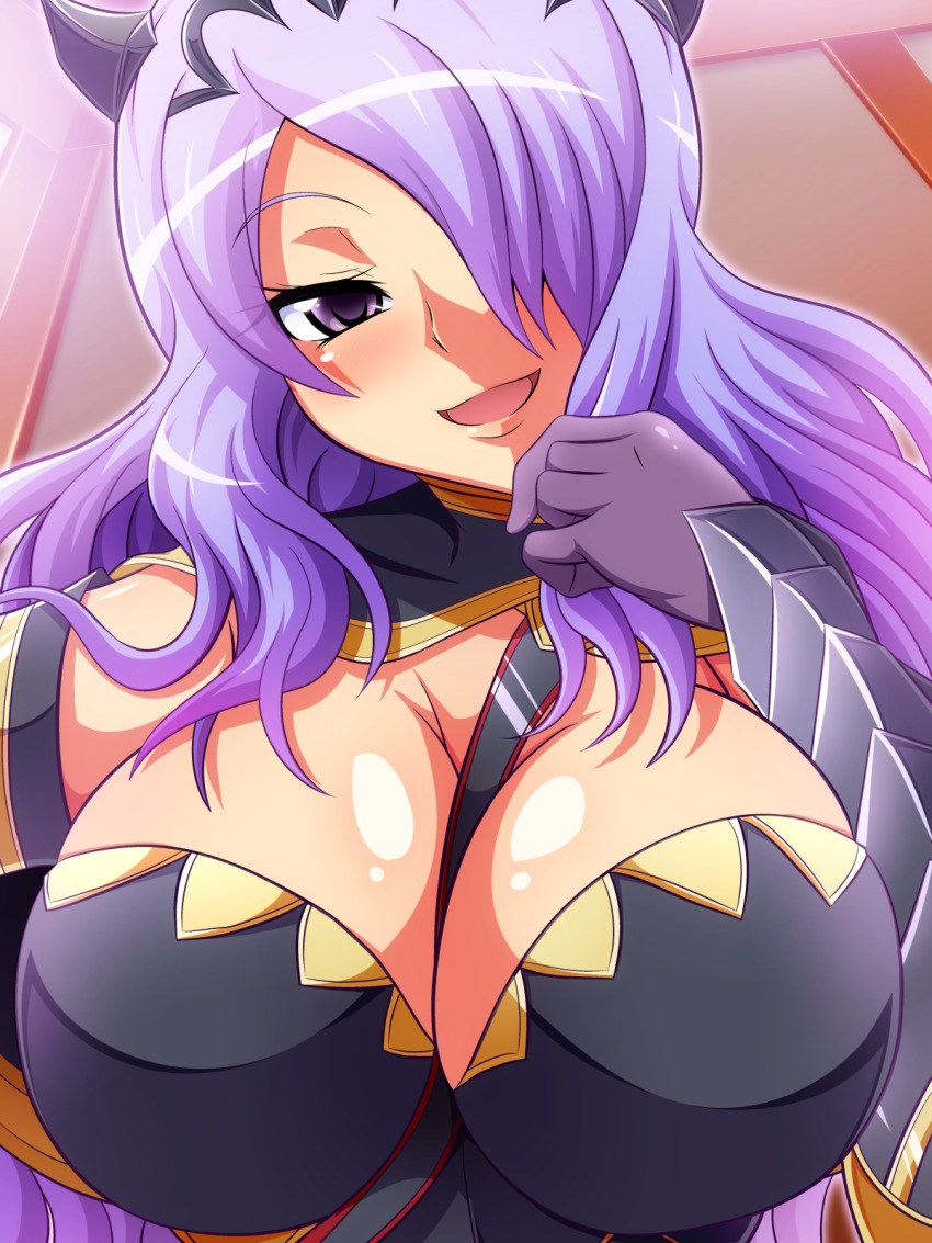 1girl aokura_shou between_breasts blush breasts camilla_(fire_emblem) cleavage female_focus fire_emblem fire_emblem_fates gloves hair_over_one_eye highres large_breasts long_hair looking_at_viewer nintendo open_mouth purple_eyes purple_hair shiny_skin smile solo upper_body