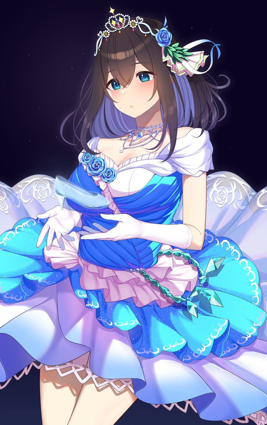 1girl absurdres belly_chain black_background black_hair blue_dress blue_eyes blue_flower blue_ribbon blush breasts cleavage collarbone cowboy_shot dot_nose dress elbow_gloves flower glass_slipper gloves go-1 gradient_ribbon hair_between_eyes hair_flower hair_ornament hairband highres idolmaster idolmaster_cinderella_girls idolmaster_cinderella_girls_starlight_stage jewelry large_breasts layered_dress leaf_hair_ornament long_hair looking_at_another necklace parted_lips pink_dress ribbon sagisawa_fumika simple_background solo standing tiara two-tone_dress white_gloves white_ribbon