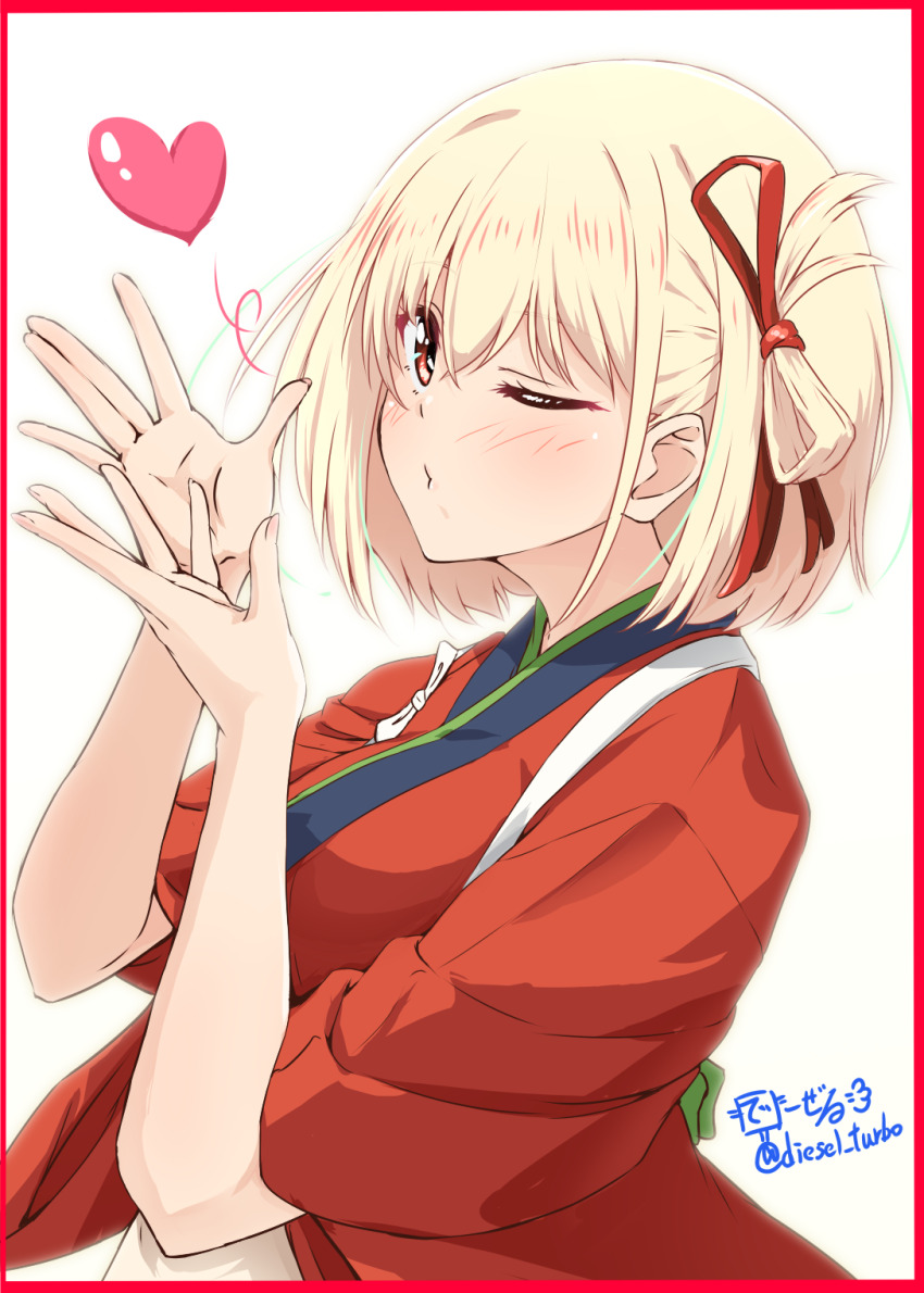 1girl blonde_hair blush border breasts diesel-turbo hair_ribbon hands_up heart highres japanese_clothes kimono large_breasts looking_at_viewer lycoris_recoil nishikigi_chisato one_eye_closed red_border red_eyes red_kimono ribbon short_hair solo spoken_heart twitter_username upper_body