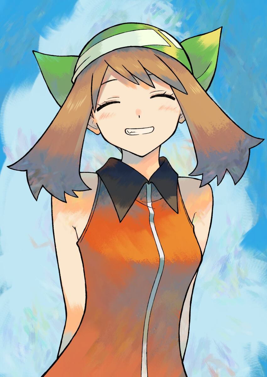 1girl arms_behind_back bandana blush brown_hair closed_eyes cloud collared_shirt creatures_(company) day eyelashes facing_viewer game_freak green_bandana grin happy highres ittumozzz may_(pokemon) nintendo orange_shirt outdoors pokemon pokemon_emerald pokemon_rse shirt sky sleeveless sleeveless_shirt smile solo teeth upper_body