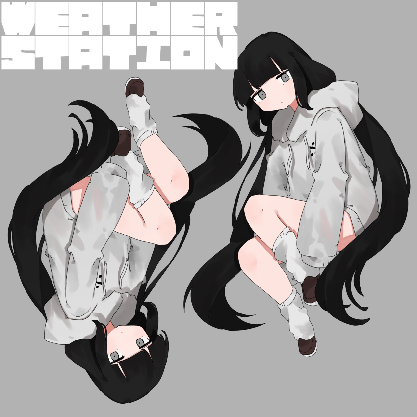 2girls absurdres album_cover black_hair blunt_bangs brown_footwear cover expressionless grey_background grey_eyes grey_hoodie grey_socks highres hood hood_down hoodie invisible_chair long_hair long_sleeves looking_at_viewer low_twintails multiple_girls nknkngrms nukunuku_nigirimeshi official_art osage_(nukunuku_nigirimeshi) shoes simple_background sitting sleeves_past_fingers sleeves_past_wrists socks tube_socks twintails upside-down very_long_hair weather_station_(inabakumori)