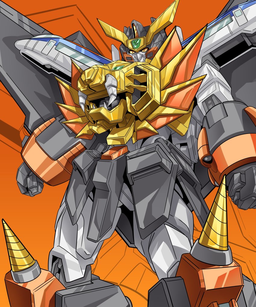 absurdres clenched_hands commentary drill english_commentary gao_ex_kaiser gaogaigar highres looking_down mecha no_humans orange_background orange_eyes robot science_fiction solo super_robot v-fin yuusha_ou_gaogaigar yuusha_series