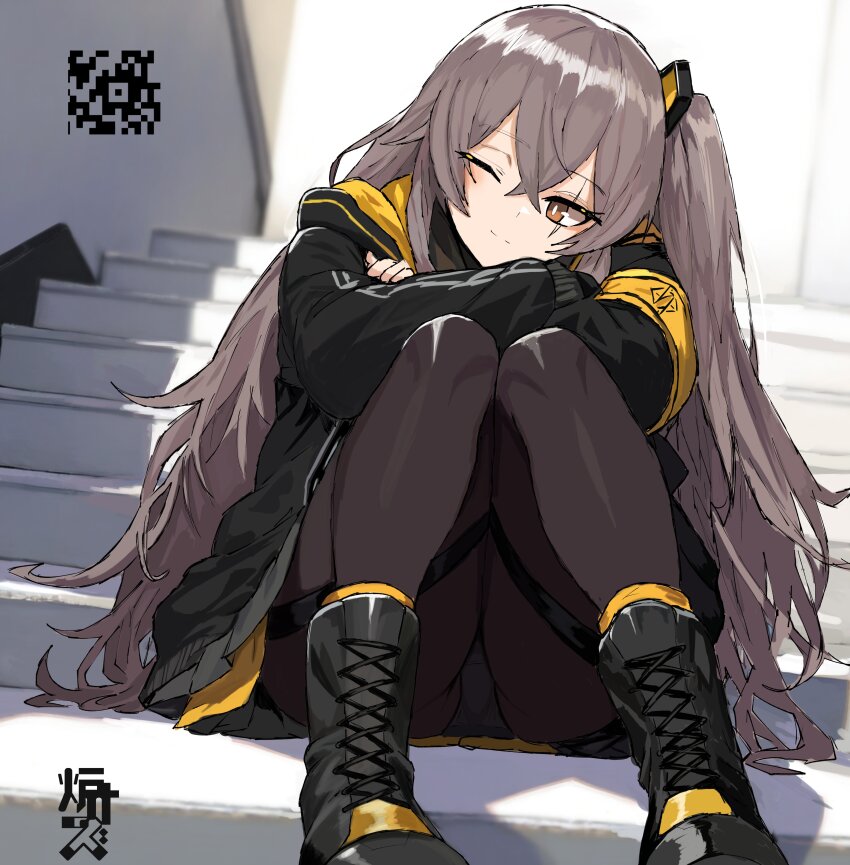 1girl absurdres armband black_footwear black_jacket black_pantyhose black_skirt boots bright_pupils brown_eyes brown_hair closed_mouth cross-laced_footwear full_body girls&#039;_frontline hair_between_eyes hashtag-only_commentary highres jacket light_smile long_hair looking_at_viewer one_eye_closed one_side_up panties panties_under_pantyhose pantyhose pleated_skirt qr_code r_scrubed scar scar_across_eye sitting sitting_on_stairs skirt smile solo stairs ump45_(girls&#039;_frontline) underwear white_pupils yellow_armband