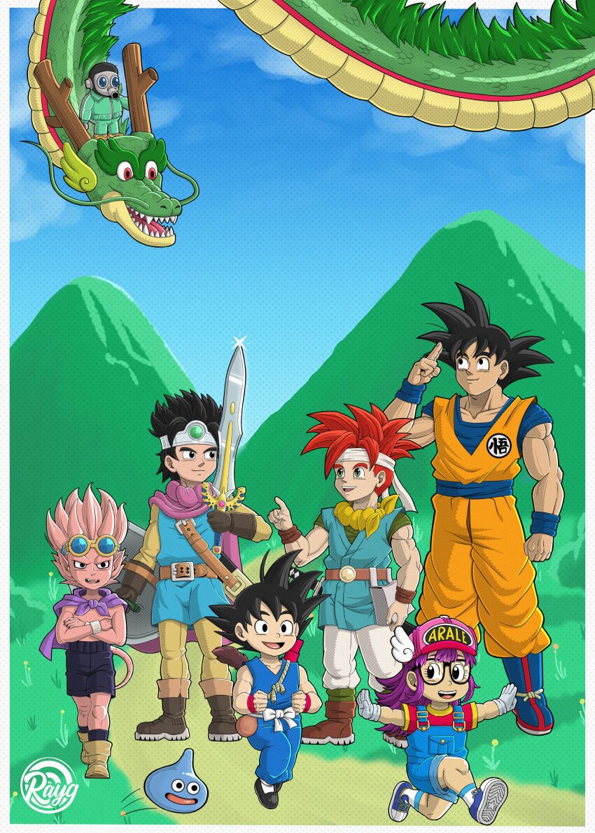 1girl 6+boys absurdres beelzebub_(sand_land) black_eyes chrono_trigger crono_(chrono_trigger) dr._slump dragon_ball dragon_quest dragonball_z goggles goggles_on_head green_eyes hat highres holding holding_sword holding_weapon multiple_boys muscular muscular_male norimaki_arale outdoors purple_hair rayg red_hair roto_(dq3) sand_land shen_long shenron_(dragon_ball) sky slime_(dragon_quest) son_goku sword tail toriyama_akira_(character) weapon