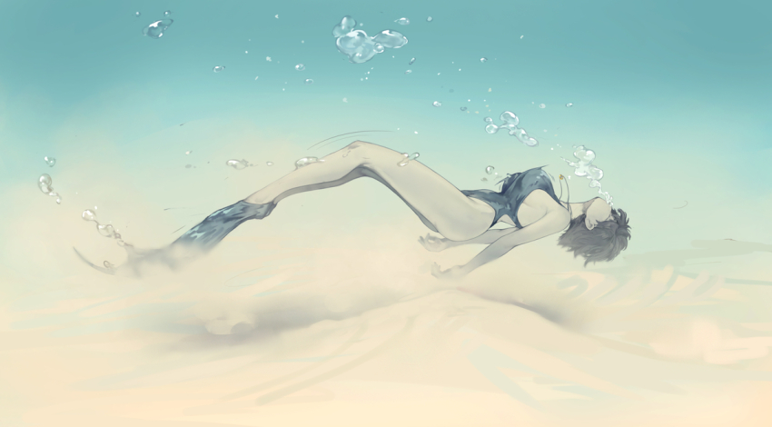 1girl air_bubble bubble competition_swimsuit one-piece_swimsuit rou_(rou22) short_hair swimsuit tagme underwater