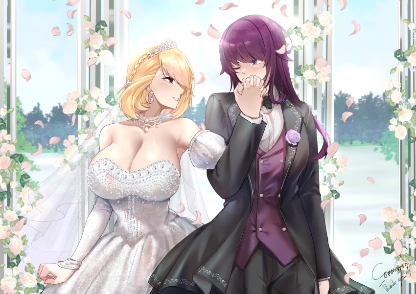 2girls absurdres alternate_costume azur_lane bare_shoulders black_coat black_vs_white blonde_hair braid breasts bridal_veil claire_ross_(pumpkinpaii) cleavage coat column commission cowboy_shot crown_braid detached_sleeves dress earrings female_commander_(azur_lane) female_focus flower gag highres holding_hands irkawaza jewelry large_breasts multiple_girls necklace outdoors petals pillar prince_of_wales_(azur_lane) purple_hair tiara veil vest wedding wedding_dress white_dress wiffle_gag yuri