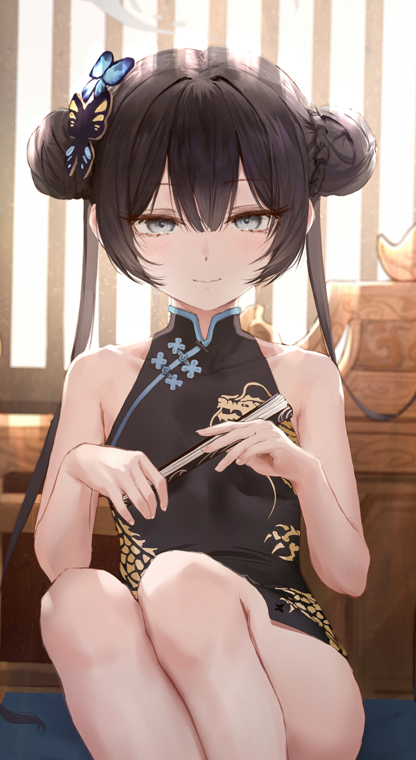 1girl absurdres bare_shoulders black_dress blue_archive butterfly_hair_ornament china_dress chinese_clothes closed_mouth cropped crossed_legs double_bun dragon_print dress full_body grey_eyes hair_between_eyes hair_bun hair_ornament halo highres holding indoors kisaki_(blue_archive) light_blush light_smile long_hair no_pants ressec sitting sleeveless sleeveless_dress twintails white_halo