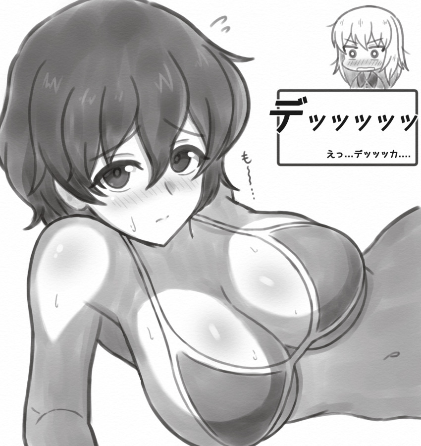 2girls akaboshi_koume bikini blush breasts chibi cleavage girls_und_panzer greyscale highres iteza_(flapper_girl_25) itsumi_erika kuromorimine_school_uniform large_breasts lying medium_hair messy_hair monochrome multiple_girls navel on_side open_mouth school_uniform short_hair sweat swimsuit