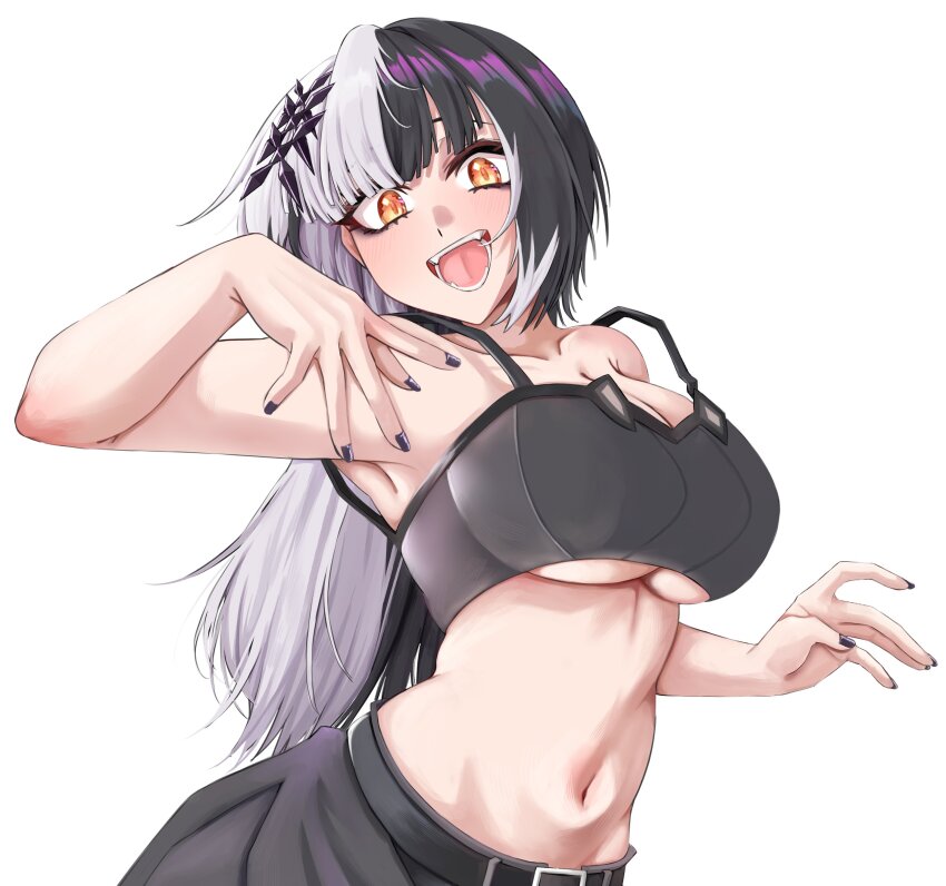 1girl absurdres alternate_costume black_hair blunt_bangs breasts cleavage fangs highres hololive hololive_english long_hair looking_at_viewer midriff mmneko multicolored_hair nail_polish navel open_mouth shiori_novella smile solo torso two-tone_hair underboob virtual_youtuber white_background white_hair yellow_eyes