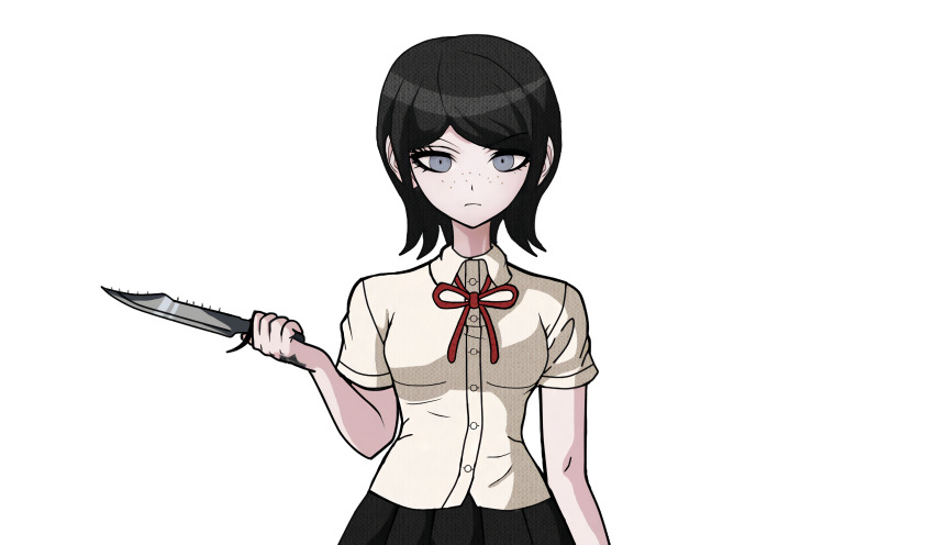 1girl black_hair black_skirt blue_eyes bow breasts closed_mouth combat_knife danganronpa:_trigger_happy_havoc danganronpa_(series) drakidor female_focus freckles frown hand_tattoo holding holding_knife holding_weapon ikusaba_mukuro knife looking_at_viewer medium_breasts neck_ribbon pleated_skirt red_bow red_ribbon ribbon shirt simple_background skirt solo solo_focus tattoo tattoo_on_hand third-party_edit transparent_background upper_body weapon white_shirt xxgoldmadnessxx