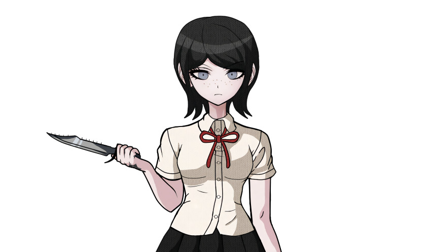 1girl absurdres black_hair black_skirt blue_eyes bow breasts closed_mouth combat_knife danganronpa:_trigger_happy_havoc danganronpa_(series) drakidor female_focus freckles frown hand_tattoo highres holding holding_knife holding_weapon ikusaba_mukuro knife looking_at_viewer medium_breasts neck_ribbon official_style pleated_skirt red_bow red_ribbon ribbon shirt simple_background skirt solo solo_focus tattoo tattoo_on_hand third-party_edit transparent_background upper_body weapon white_shirt xxgoldmadnessxx