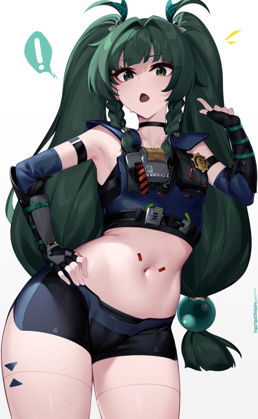 ! 1girl android armpits bare_shoulders black_choker black_gloves braided_sidelock choker contrapposto cowboy_shot crop_top fingerless_gloves gloves green_eyes green_hair hair_intakes hand_on_own_hip hand_up highres long_hair looking_at_viewer mixed-language_commentary nanatsuichi navel open_mouth qingyi_(zenless_zone_zero) simple_background solo spoken_exclamation_mark stomach sweat thighs twintails white_background zenless_zone_zero