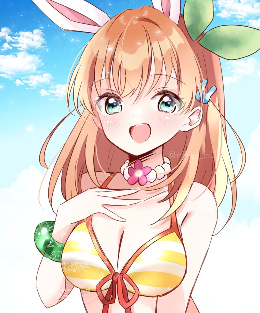 1girl :d absurdres aqua_eyes bead_choker beads bikini blush bracelet breasts cleavage collarbone commentary cosplay crossed_bangs flower front-tie_bikini_top front-tie_top hair_ornament highres hinoshita_kaho jewelry kosaka_honoka kosaka_honoka_(cosplay) link!_like!_love_live! long_hair looking_at_viewer love_live! love_live!_school_idol_project medium_breasts medium_hair natsuiro_egao_de_1_2_jump! no_jacket official_alternate_costume open_mouth orange_hair pink_flower rabbit_hair_ornament ririn_(ririn_501) smile solo striped_bikini striped_clothes swimsuit two_side_up virtual_youtuber watermark yellow_bikini