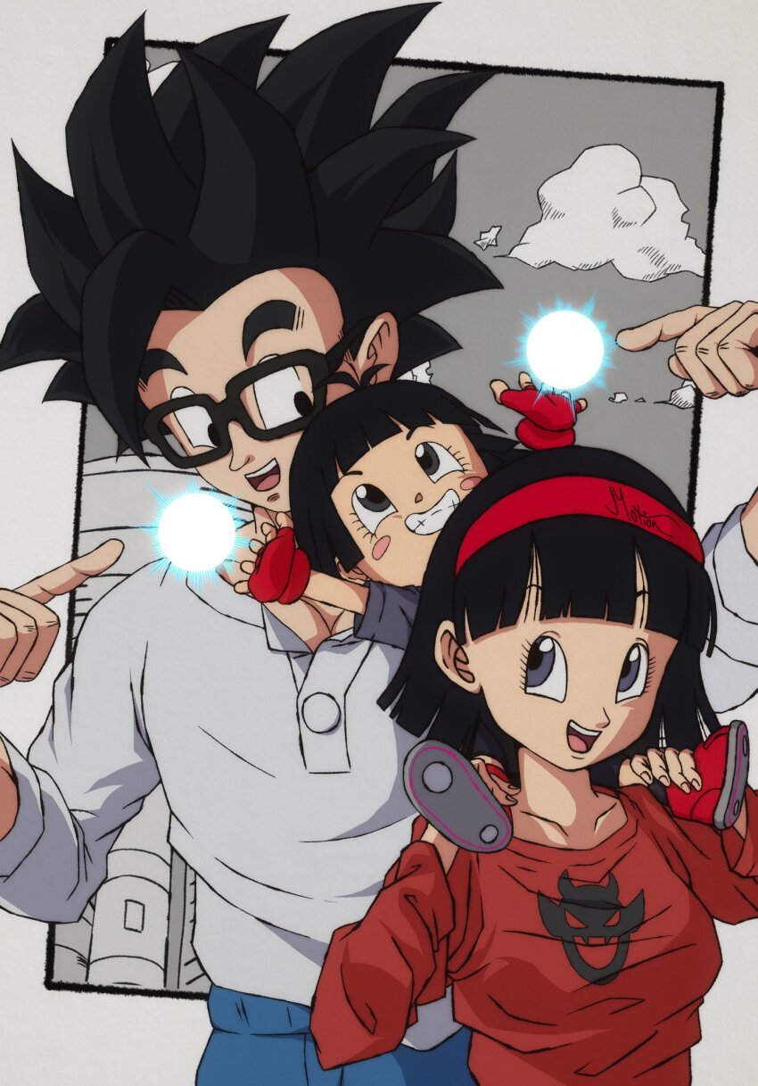 1boy 2girls black_hair cloud couple dragon_ball dragon_ball_super energy father_and_daughter glasses happy husband_and_wife ki_blast mother_and_daughter multiple_girls pan_(dragon_ball) smile son_gohan tagme videl