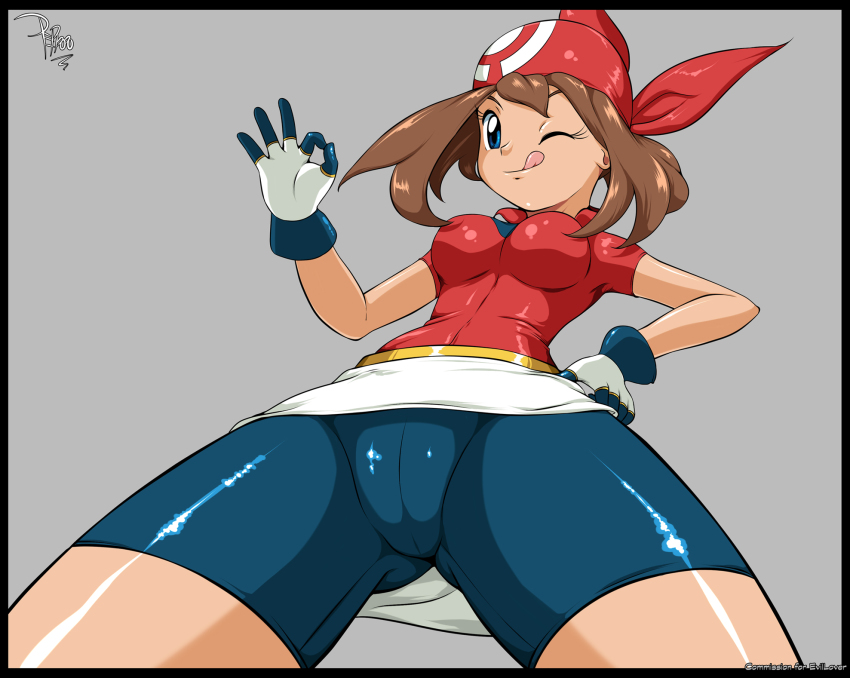 alternate_color bandana bike_shorts blue_eyes breasts brown_hair creatures_(company) game_freak gloves highres impossible_clothes may_(pokemon) money_gesture nintendo pepipopo pokemon shiny_clothes shiny_skin shorts skin_tight skirt tagme thighs tongue upskirt white_skirt