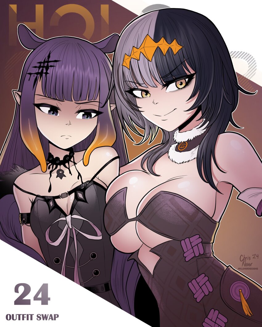 2girls breast_envy breasts choker cosplay costume_switch highres hololive hololive_english kluverdesigns large_breasts multicolored_hair multiple_girls ninomae_ina&#039;nis purple_hair ribbon shiori_novella small_breasts two-tone_hair virtual_youtuber yellow_eyes