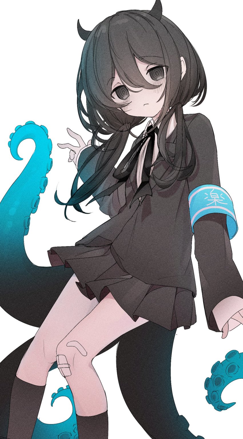 1girl @_@ armband bandaid bandaid_on_knee bandaid_on_leg black_eyes black_hair black_jacket black_ribbon black_skirt black_socks blush closed_mouth collared_shirt hair_between_eyes highres horns indie_virtual_youtuber jacket kneehighs long_hair long_sleeves looking_at_viewer low_twintails neck_ribbon osakanaaaaaa pleated_skirt ribbon shirt simple_background skirt sleeves_past_wrists socks solo tentacles twintails virtual_youtuber white_background white_shirt yamata_ia