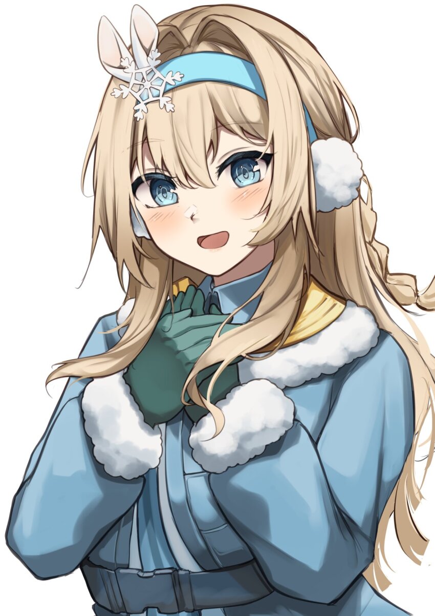 1girl aratake belt blonde_hair blue_eyes blue_hairband blue_jacket blush commentary_request earmuffs fur-trimmed_jacket fur_trim girls&#039;_frontline girls&#039;_frontline_2:_exilium gloves green_gloves hair_ornament hairband head_tilt highres jacket long_hair looking_at_viewer open_mouth smile snowflake_hair_ornament solo suomi_(girls&#039;_frontline) suomi_(girls&#039;_frontline_2) upper_body