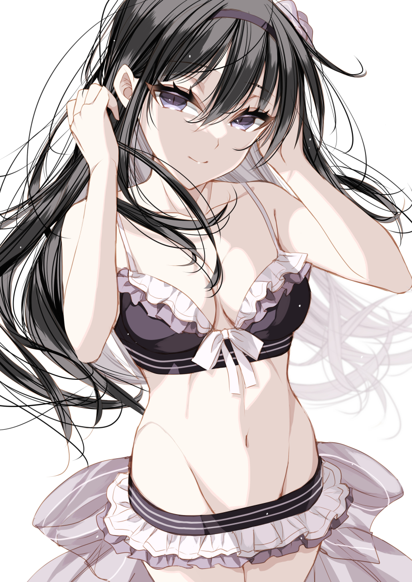 1girl absurdres akemi_homura akemi_homura_(swimsuit_ver.) back_bow bikini bikini_skirt black_bikini black_hair black_hairband bow breasts cleavage cowboy_shot flower frilled_bikini frills front-tie_bikini_top front-tie_top groin hair_between_eyes hair_down hair_flower hair_ornament hairband hand_in_own_hair hands_up head_tilt highres long_hair looking_at_viewer magia_record:_mahou_shoujo_madoka_magica_gaiden mahou_shoujo_madoka_magica misteor navel no_eyewear purple_bikini purple_bow purple_eyes purple_flower simple_background smile solo spaghetti_strap swimsuit white_background white_bow