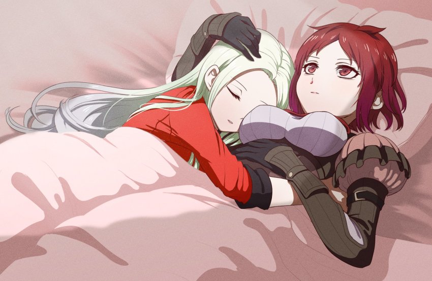 2girls armor blood breasts closed_mouth dress edelgard_von_hresvelg fire_emblem fire_emblem:_three_houses fire_emblem_warriors:_three_hopes gloves highres hug long_hair long_sleeves medium_hair monica_von_ochs multiple_girls nieto_tokage nintendo nosebleed official_alternate_costume official_alternate_hairstyle red_eyes red_hair short_hair sleeping upper_body white_hair